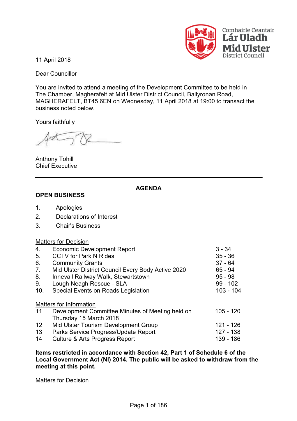 11 April 2018 Dear Councillor You Are Invited to Attend a Meeting of the Development Committee to Be Held in the Chamber, Magher