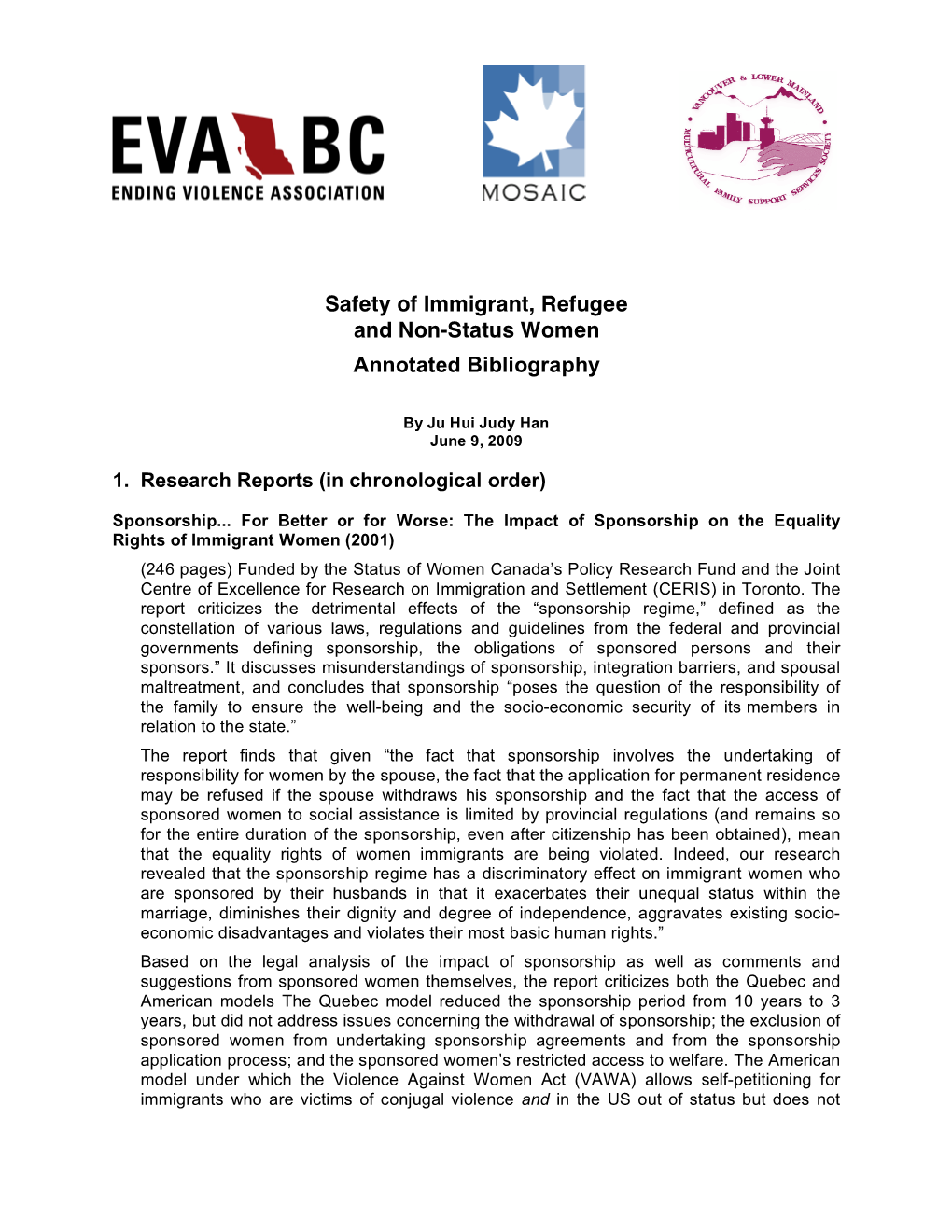 Safety of Immigrant, Refugee and Non-Status Women Annotated Bibliography