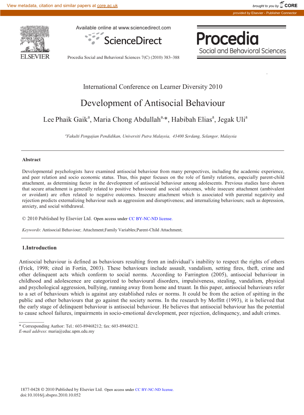 Development of Antisocial Behaviour