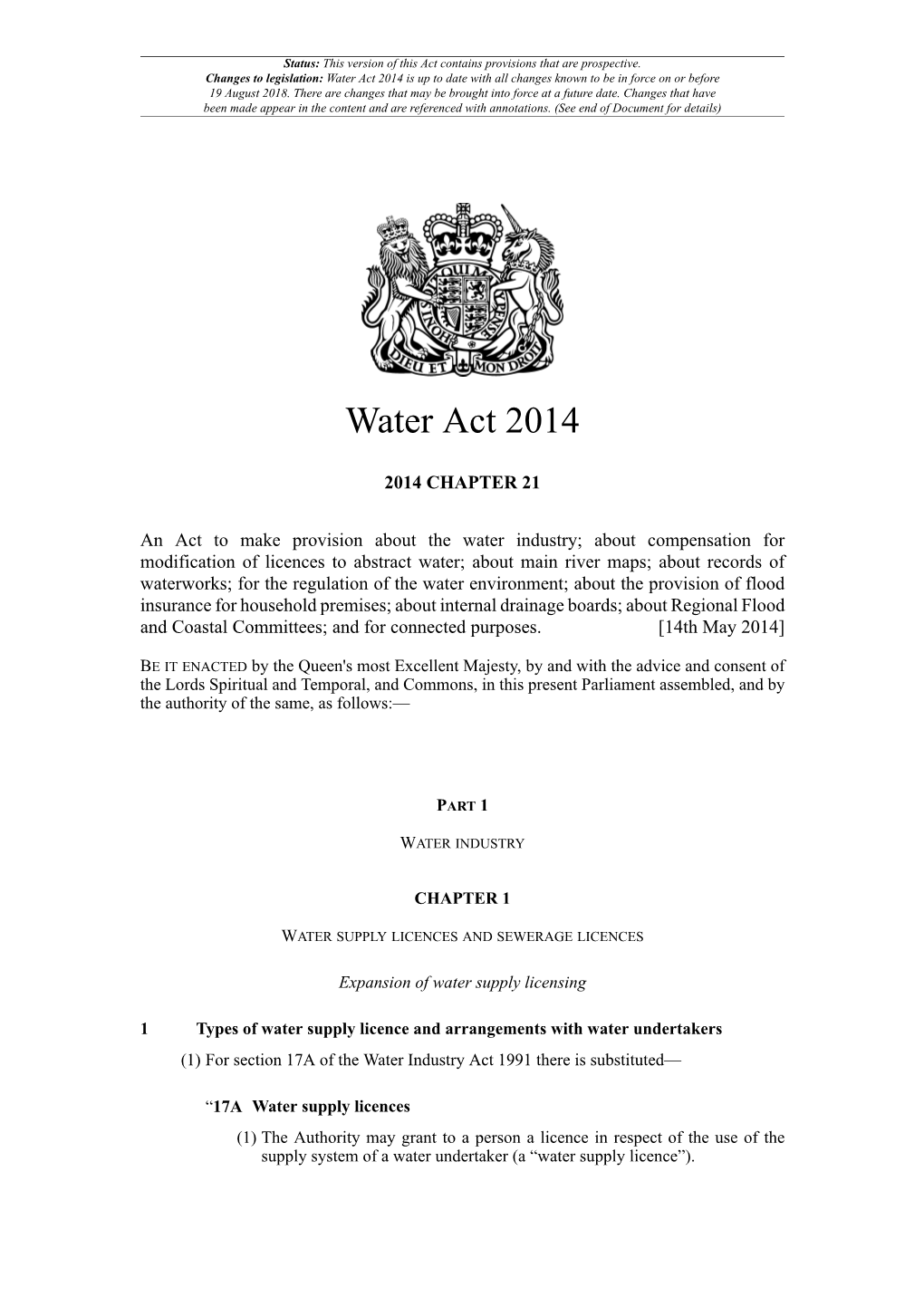 Water Act 2014 Is up to Date with All Changes Known to Be in Force on Or Before 19 August 2018