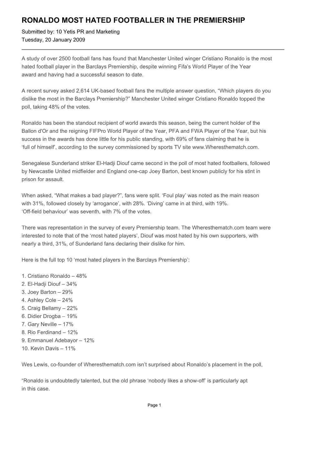 RONALDO MOST HATED FOOTBALLER in the PREMIERSHIP Submitted By: 10 Yetis PR and Marketing Tuesday, 20 January 2009