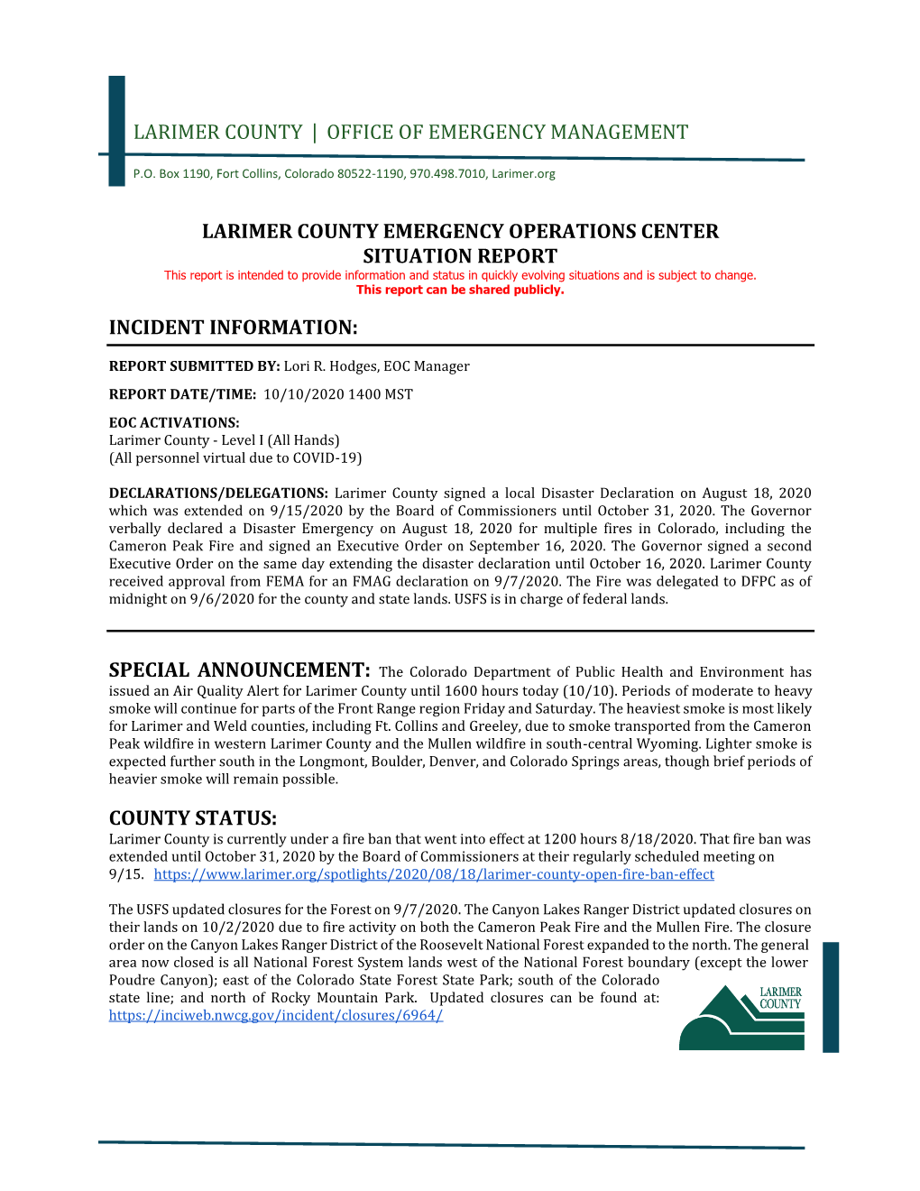 10.10.2020 Cameron Peak Fire EOC Situation Report