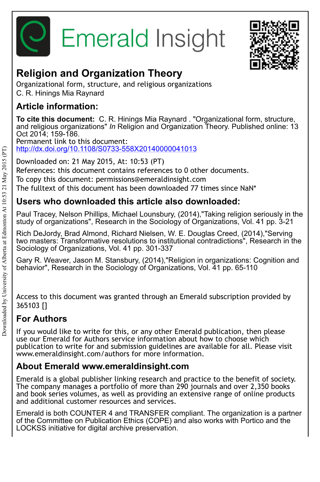 Organizational Form, Structure, and Religious Organizations C