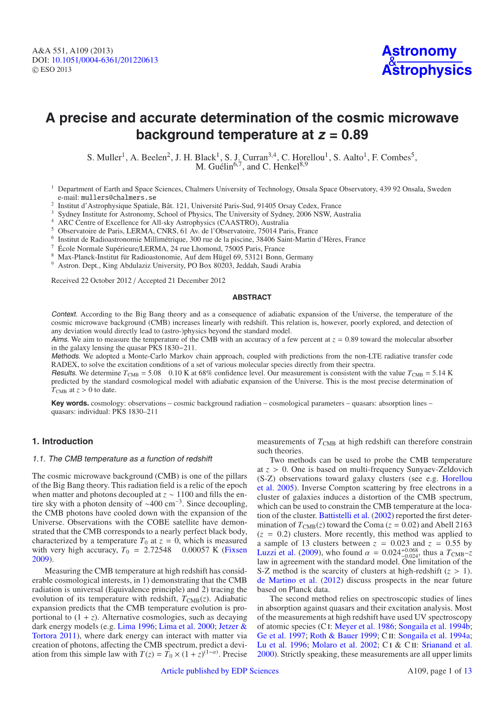 A Precise and Accurate Determination of the Cosmic Microwave Background Temperature at Z =0.89