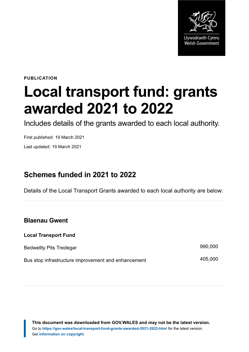 Local Transport Fund: Grants Awarded 2021 to 2022 | GOV.WALES