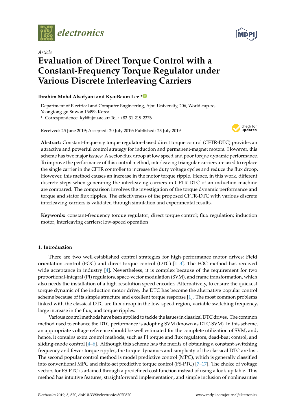 Evaluation of Direct Torque Control with a Constant-Frequency Torque Regulator Under Various Discrete Interleaving Carriers