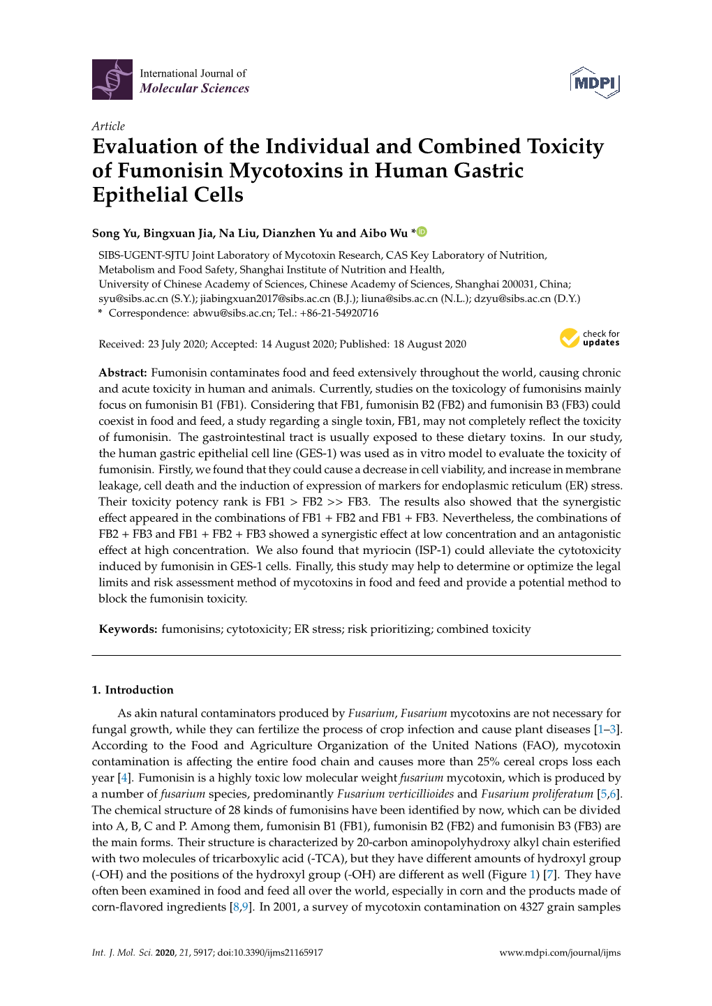 Evaluation of the Individual and Combined Toxicity of Fumonisin Mycotoxins in Human Gastric Epithelial Cells