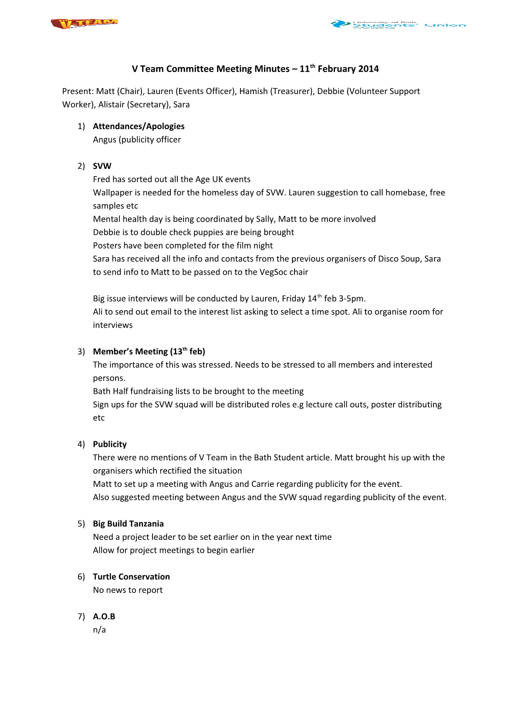 V Team Committee Meeting Minutes 11Th February 2014