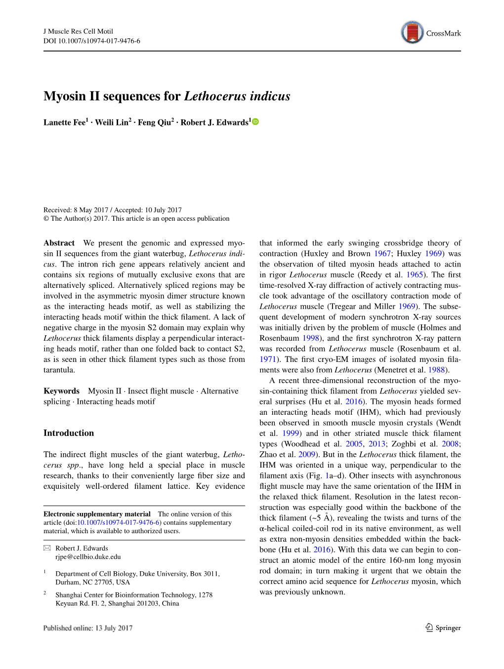 Myosin II Sequences for Lethocerus Indicus