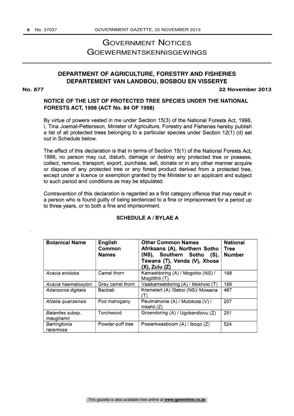 National Forests Act: List of Protected Tree Species