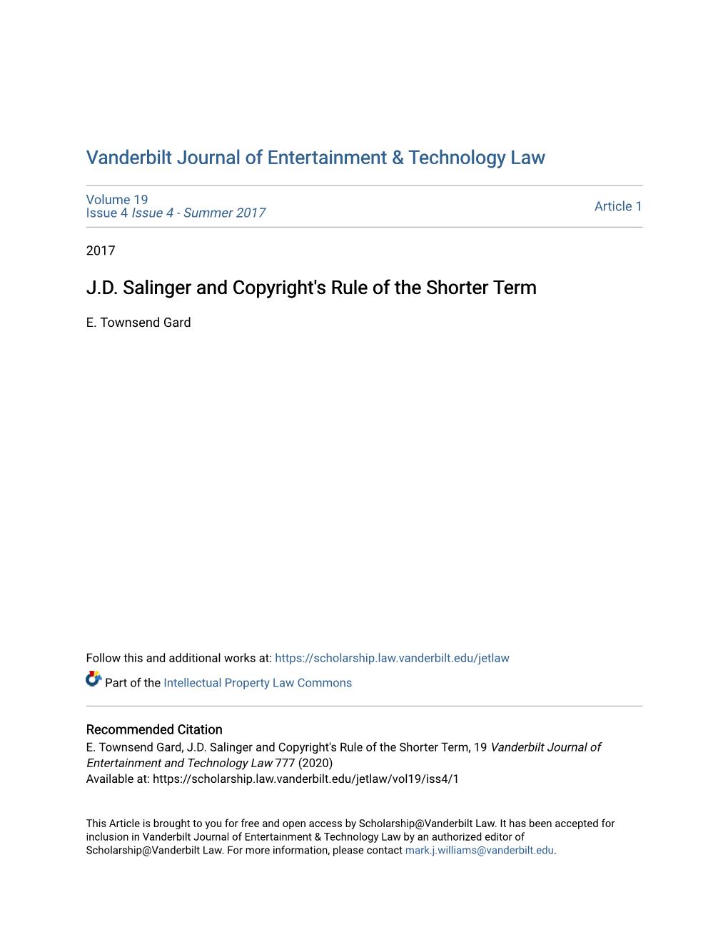 J.D. Salinger and Copyright's Rule of the Shorter Term