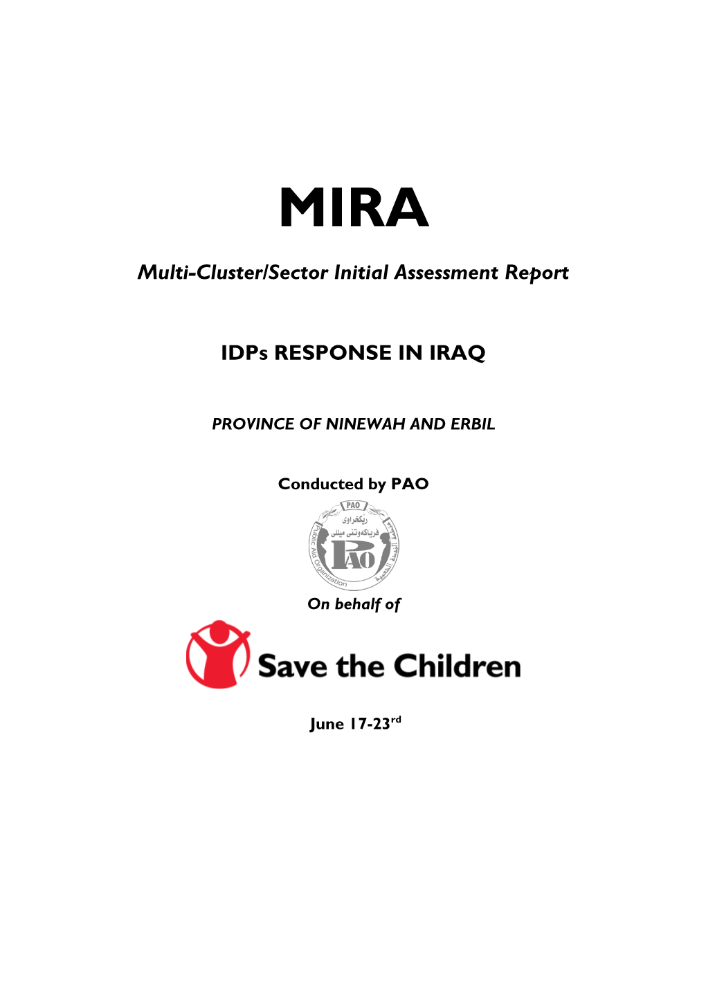 Multi-Cluster/Sector Initial Assessment Report Idps RESPONSE in IRAQ