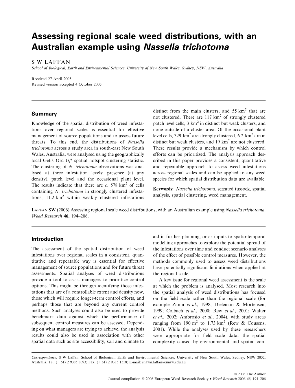 Assessing Regional Scale Weed Distributions, with an Australian Example Using Nassella Trichotoma