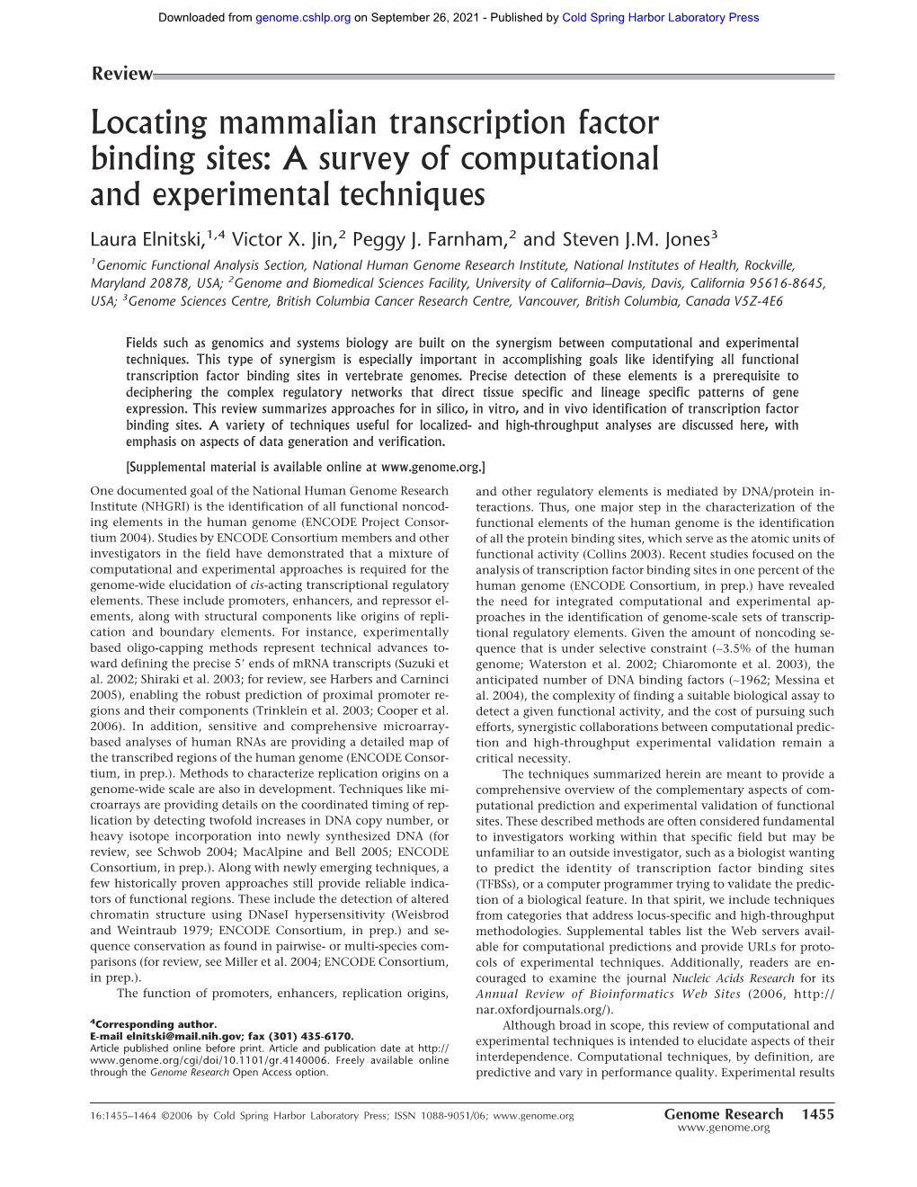 Locating Mammalian Transcription Factor Binding Sites: a Survey of Computational and Experimental Techniques