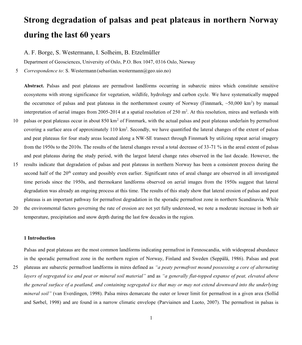 Strong Degradation of Palsas and Peat Plateaus in Northern Norway During the Last 60 Years