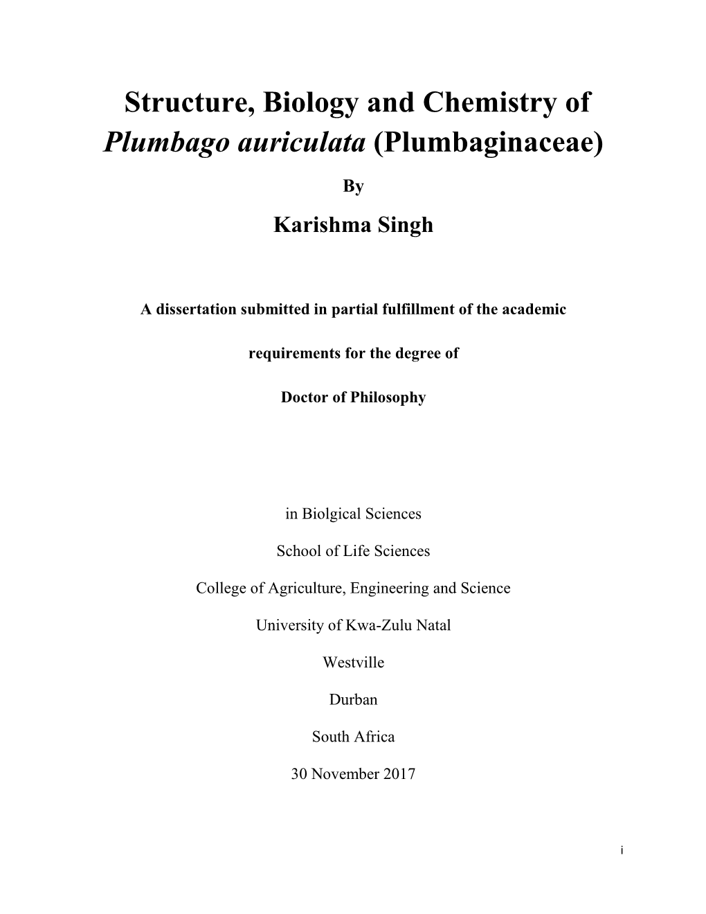 Structure, Biology and Chemistry of Plumbago Auriculata (Plumbaginaceae)