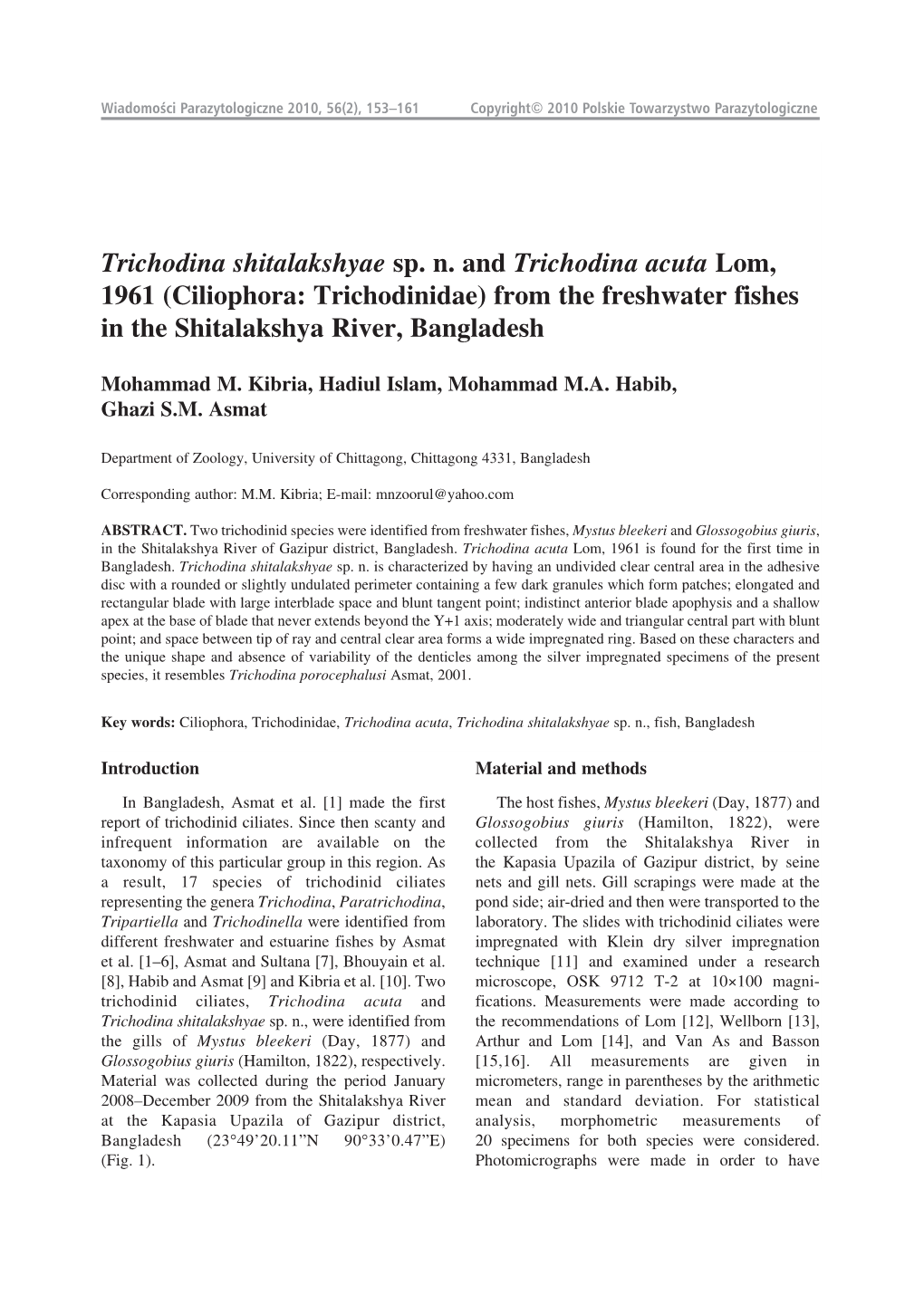 (Ciliophora: Trichodinidae) from the Freshwater Fishes in the Shitalakshya River, Bangladesh