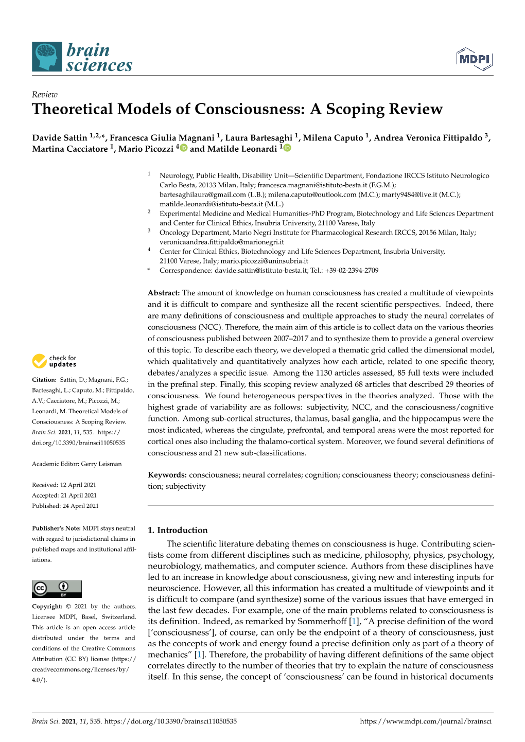 Theoretical Models of Consciousness: a Scoping Review