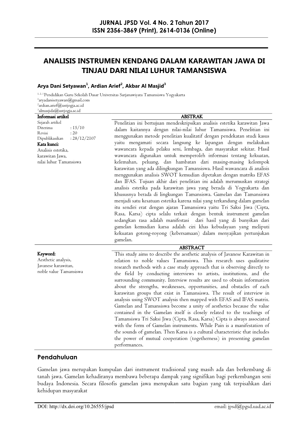 Analisis Instrumen Kendang Dalam Karawitan Jawa Di Tinjau Dari Nilai Luhur Tamansiswa