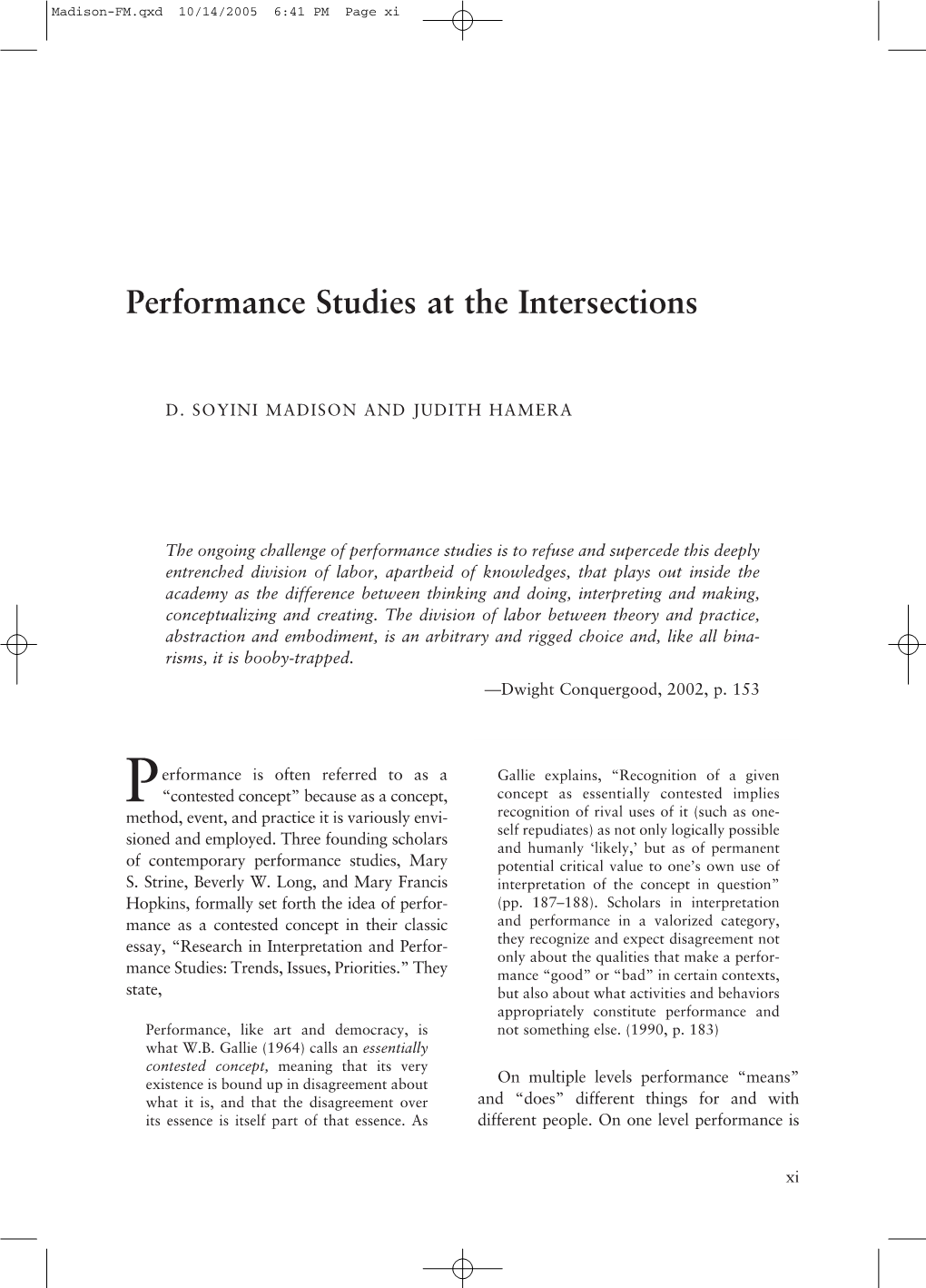 Performance Studies at the Intersections