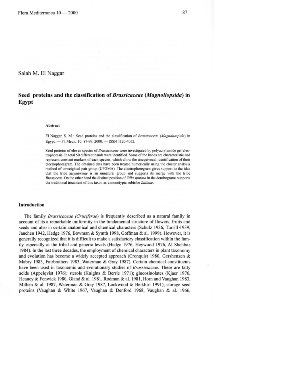 Salah M. El Naggar Seed Proteins and the Classification of Brassicaceae