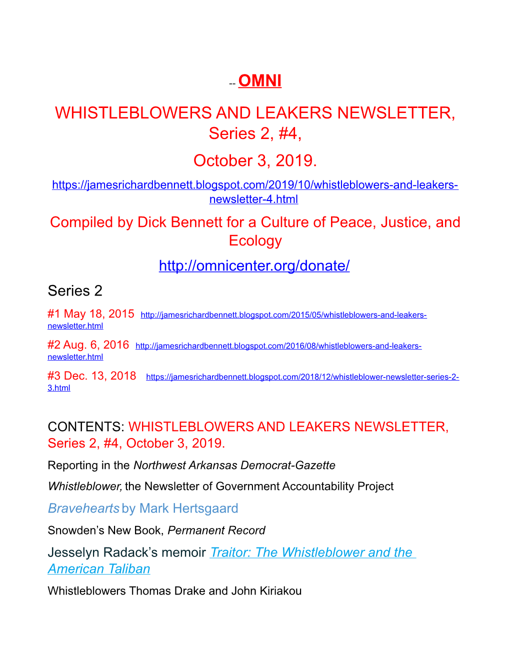WHISTLEBLOWERS and LEAKERS NEWSLETTER, Series 2, #4, October 3, 2019