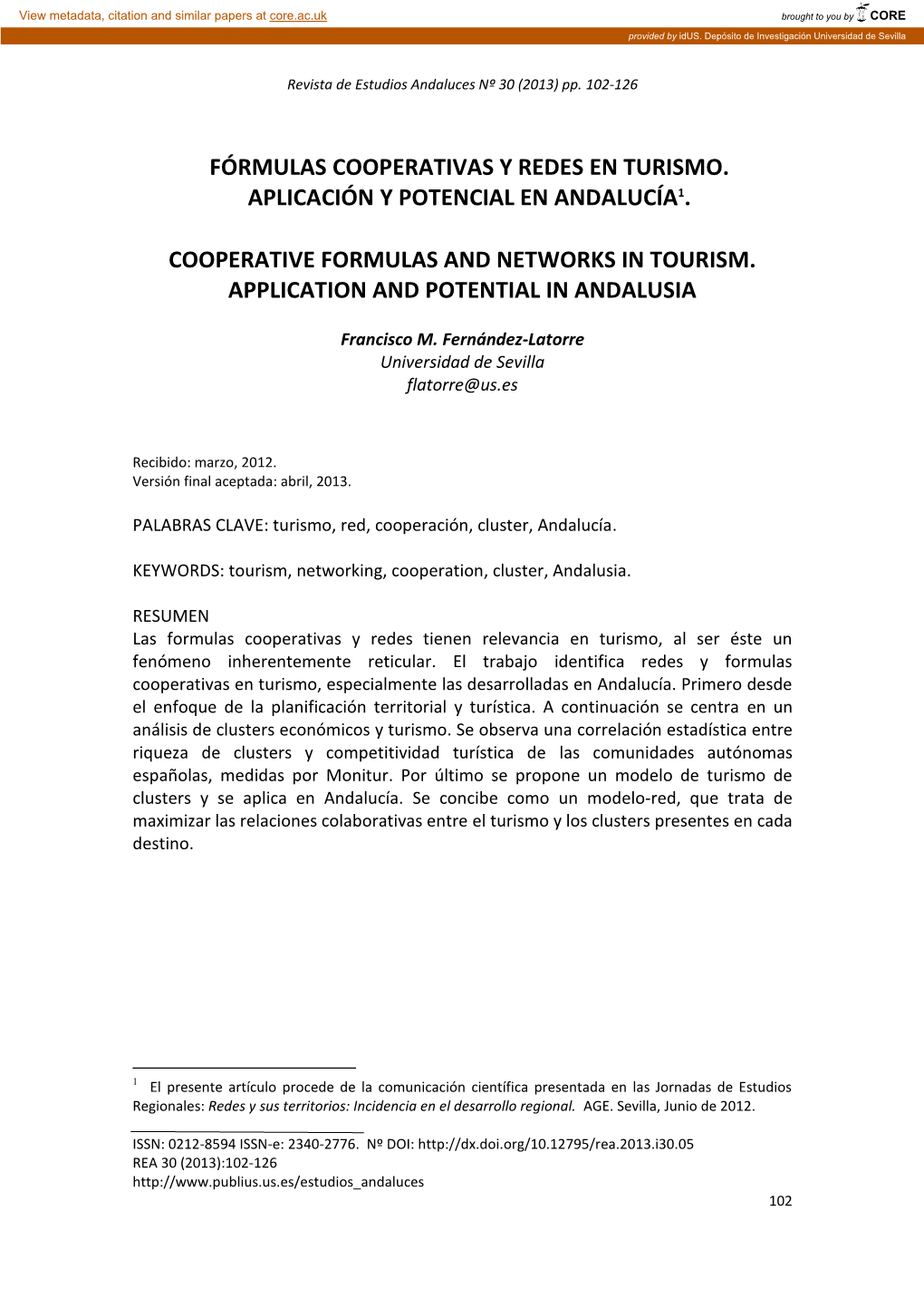 Fórmulas Cooperativas Y Redes En Turismo. Aplicación Y Potencial En Andalucía1