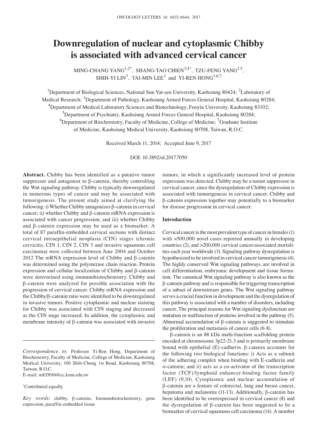 Downregulation of Nuclear and Cytoplasmic Chibby Is Associated with Advanced Cervical Cancer