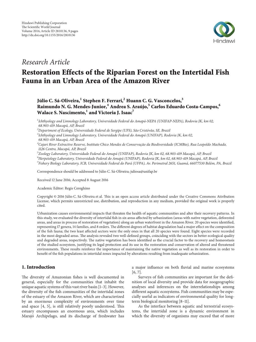 Research Article Restoration Effects of the Riparian Forest on the Intertidal Fish Fauna in an Urban Area of the Amazon River