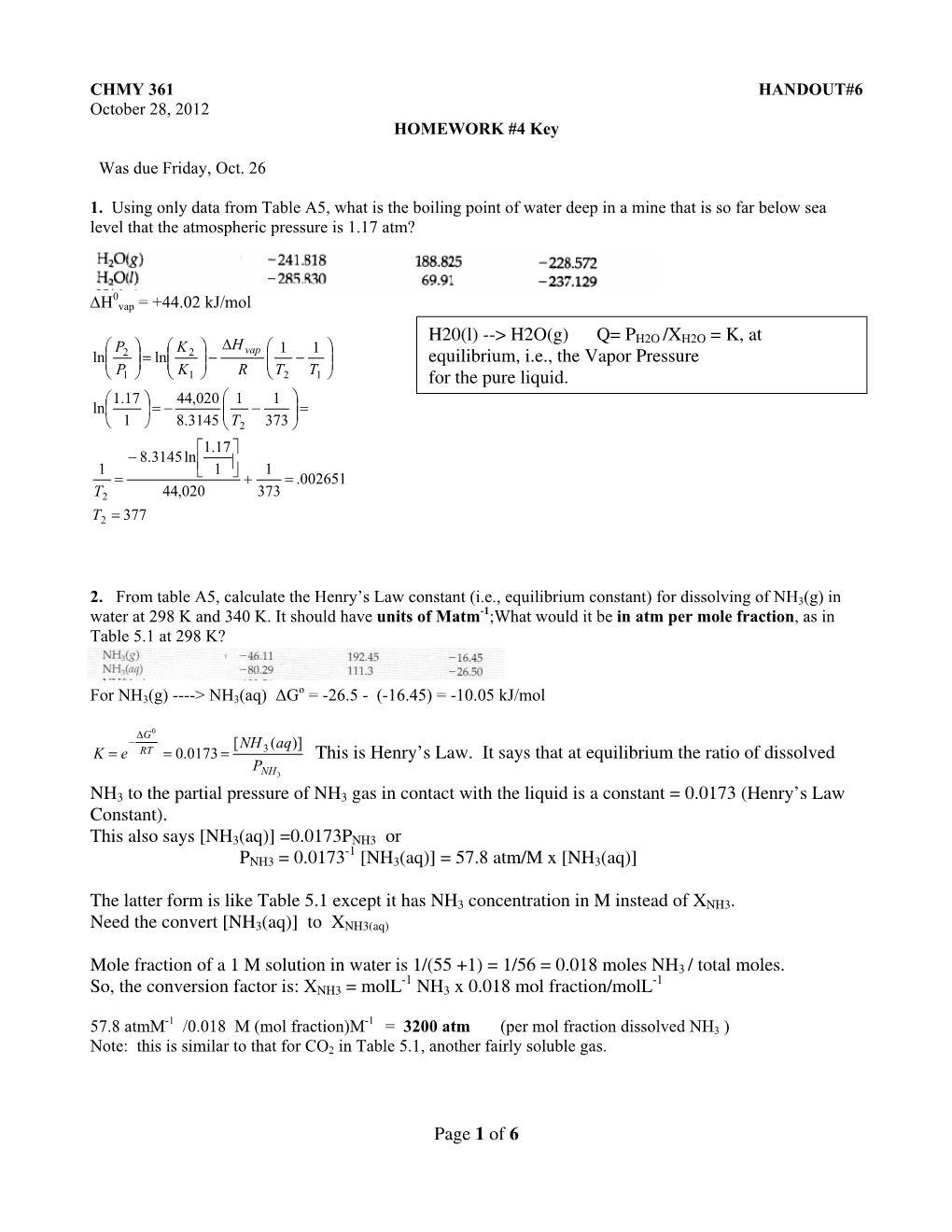 Page 1 of 6 This Is Henry's Law. It Says That at Equilibrium the Ratio of Dissolved NH3 to the Partial Pressure of NH3 Gas In