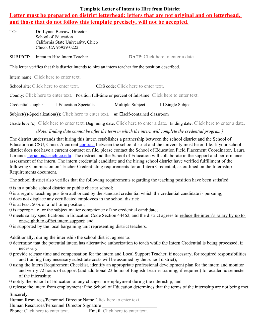 Template Letter of Intent to Hire from District