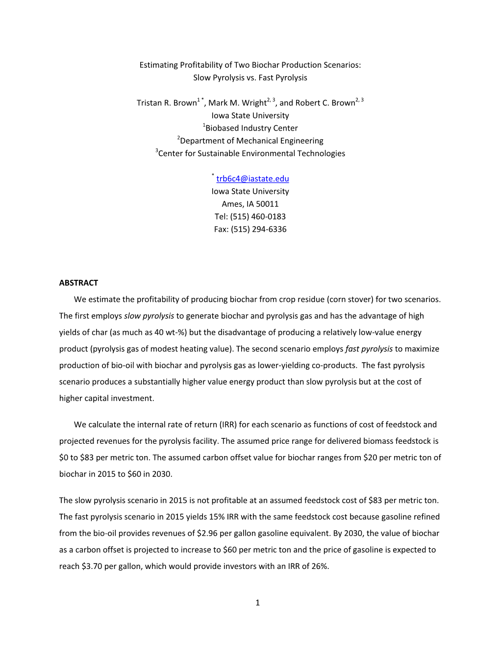 1 Estimating Profitability of Two Biochar Production Scenarios