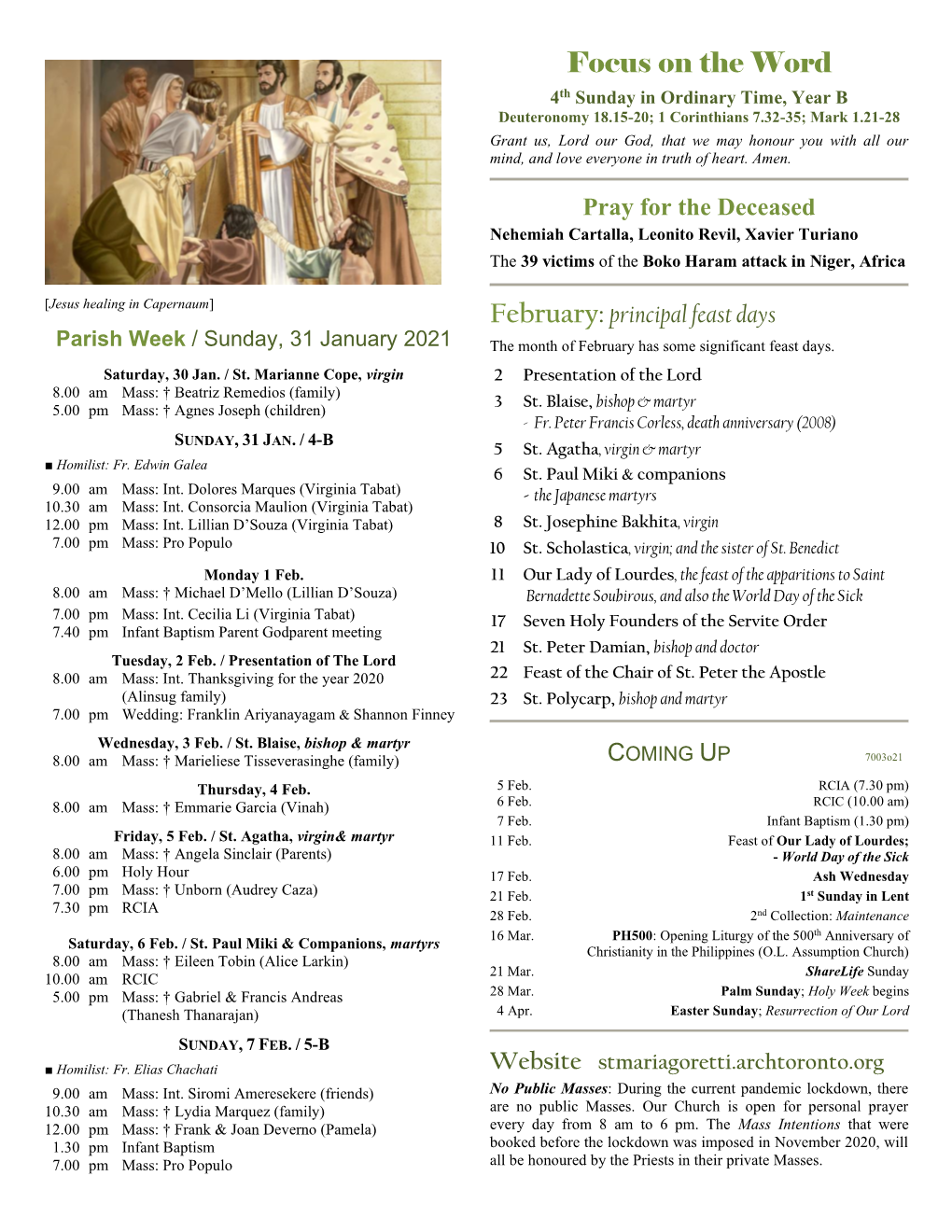 Parish Week / Sunday, 31 January 2021 the Month of February Has Some Significant Feast Days