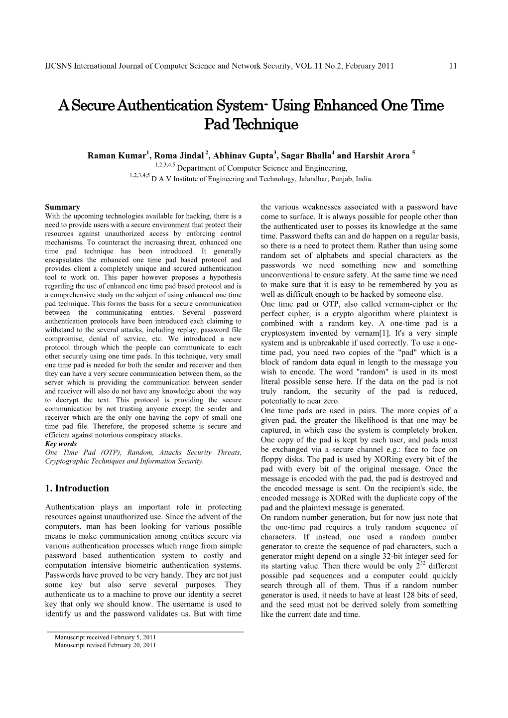 A Secure Authentication System- Using Enhanced One Time Pad Technique