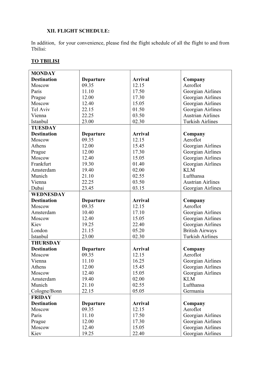 Xii. Flight Schedule