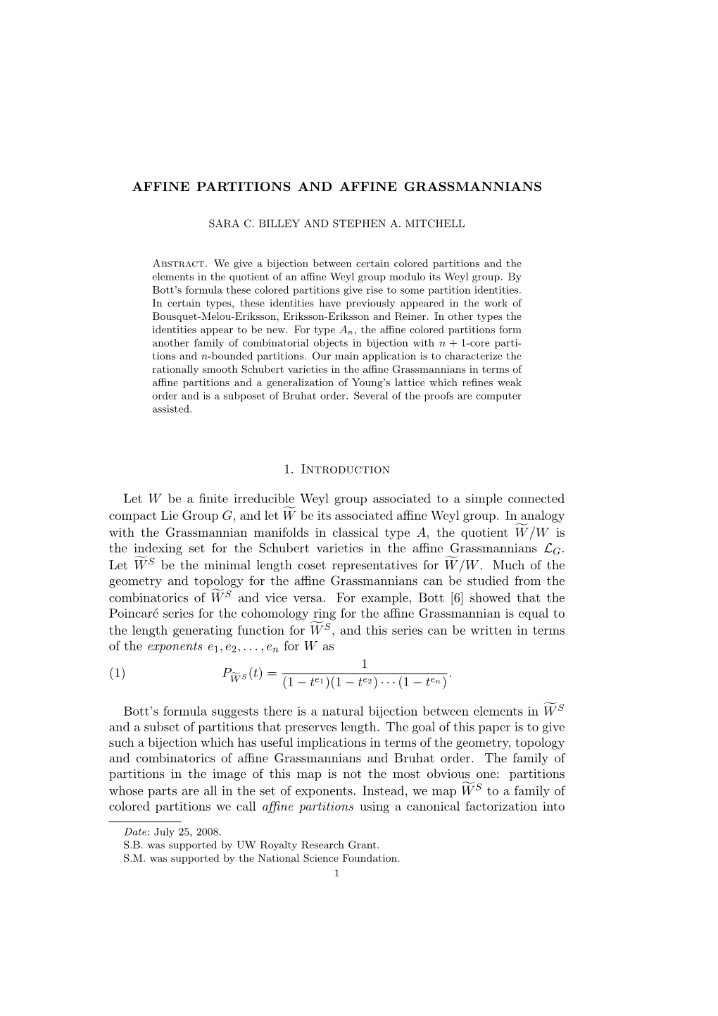 Affine Partitions and Affine Grassmannians