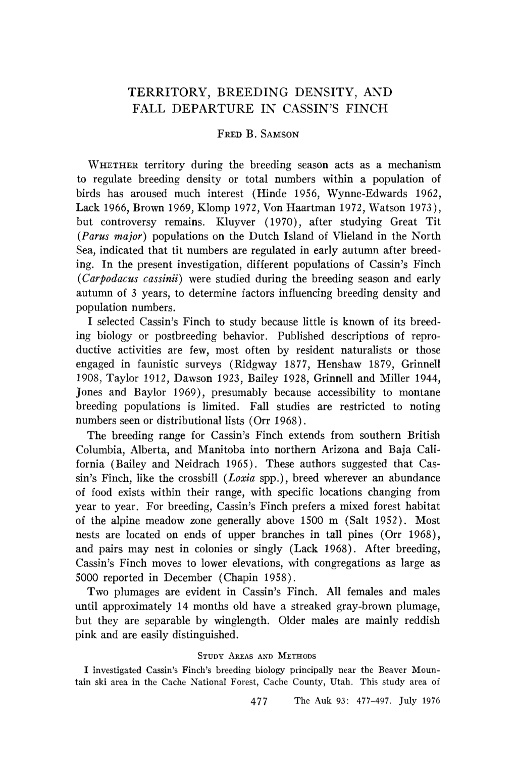 Territory, Breeding Density, and Fall Departure in Cassin's Finch