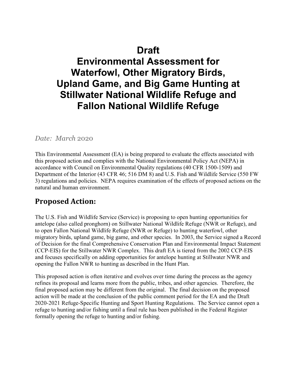 Draft Environmental Assessment for Fallon and Stillwater Hunt Plans