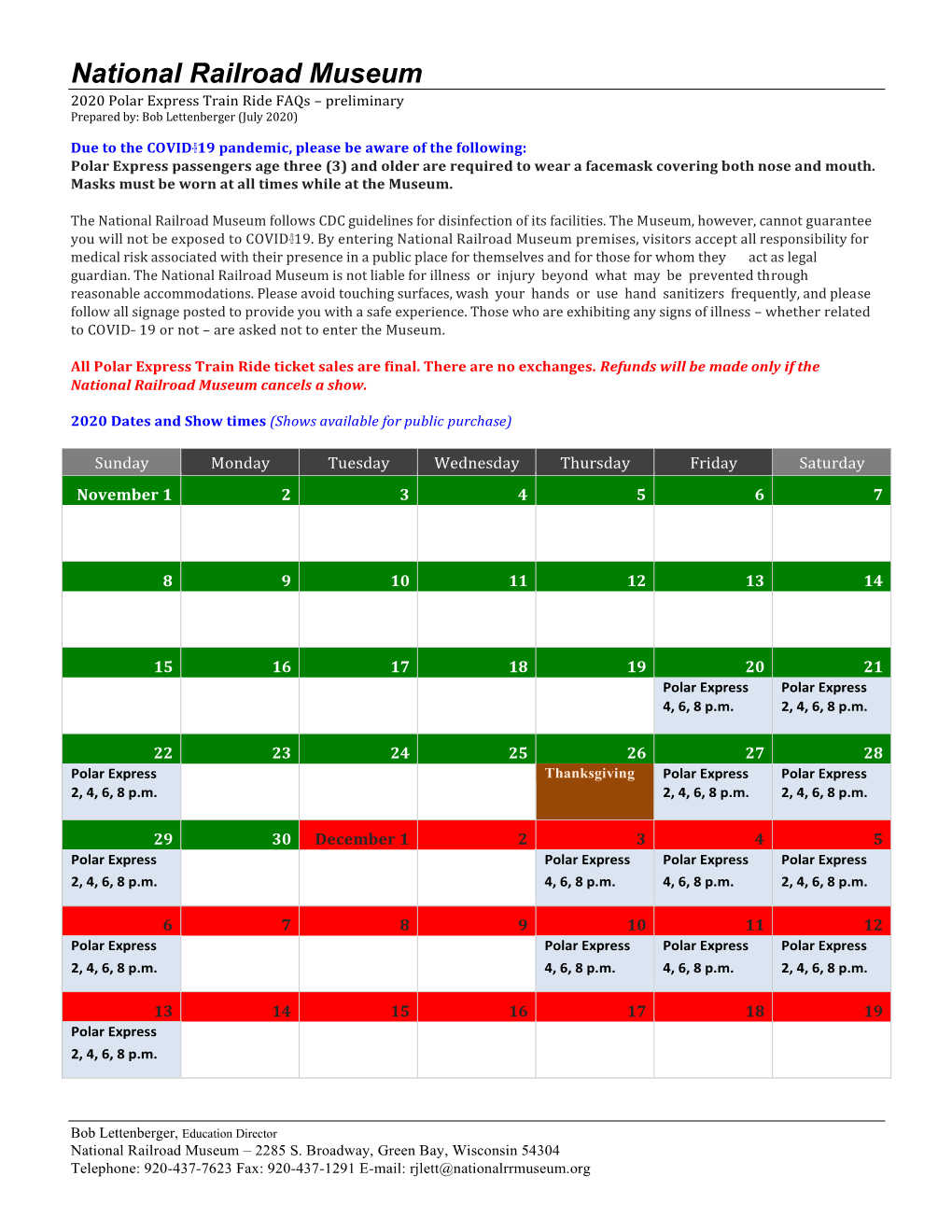 National Railroad Museum 2020 Polar Express Train Ride Faqs – Preliminary Prepared By: Bob Lettenberger (July 2020)