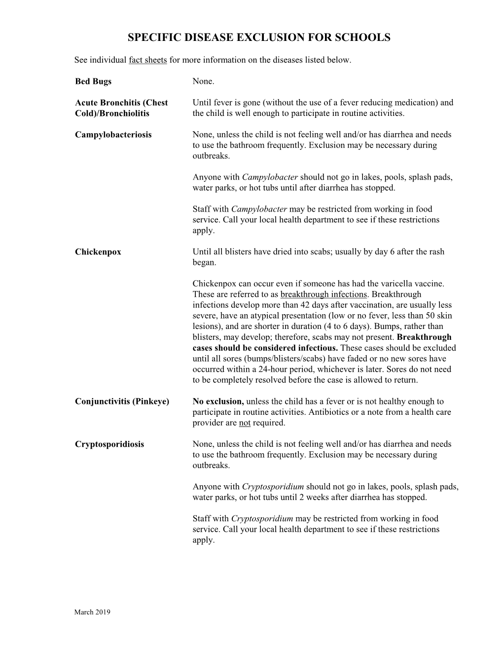 Specific Disease Exclusion for Schools