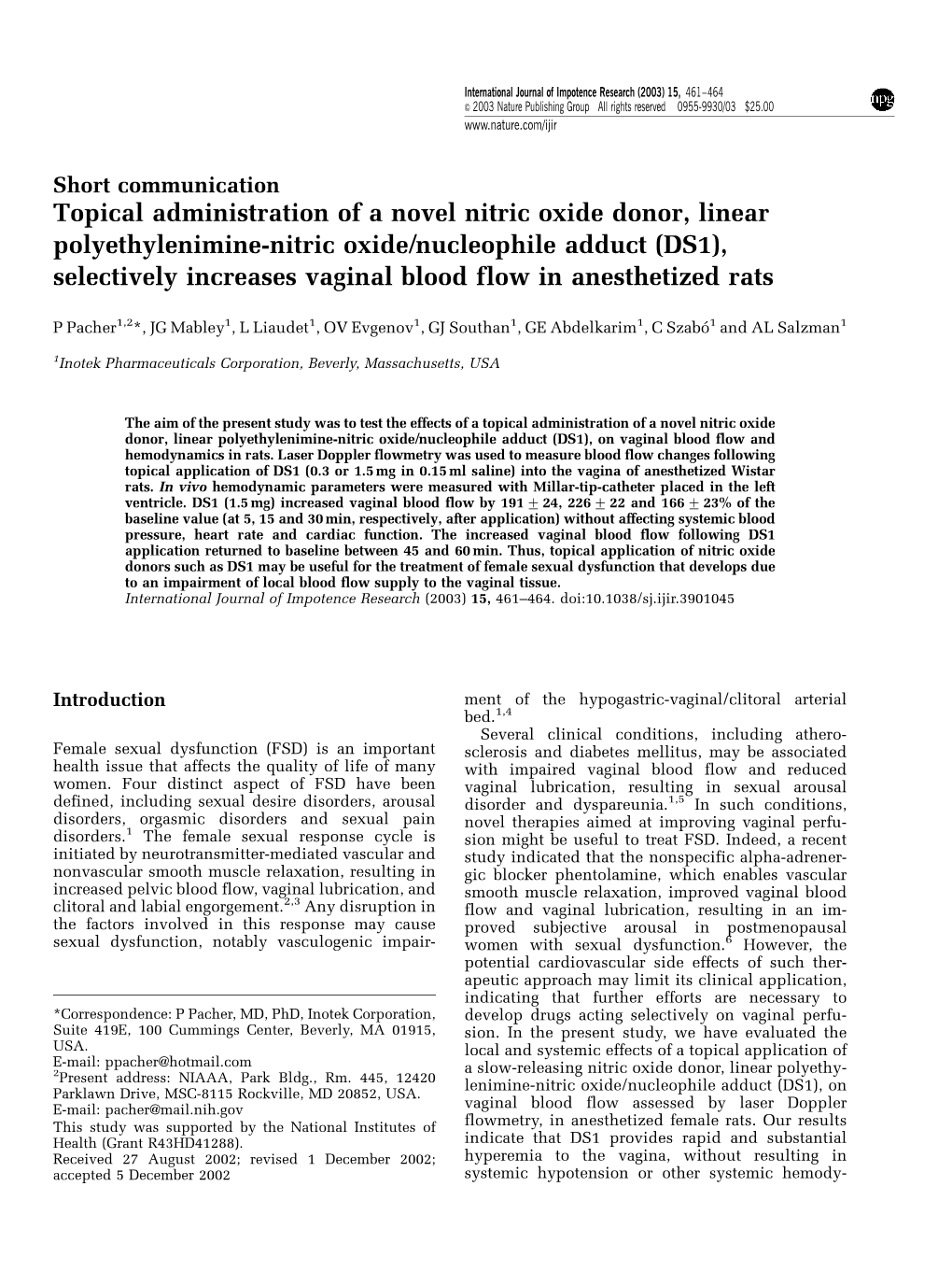 Selectively Increases Vaginal Blood Flow in Anesthetized Rats