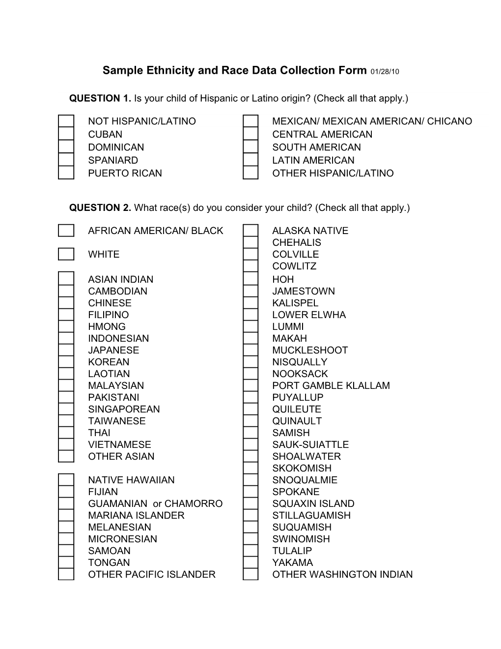 Sample Ethnicity and Race Data Collection Form 01/28/10