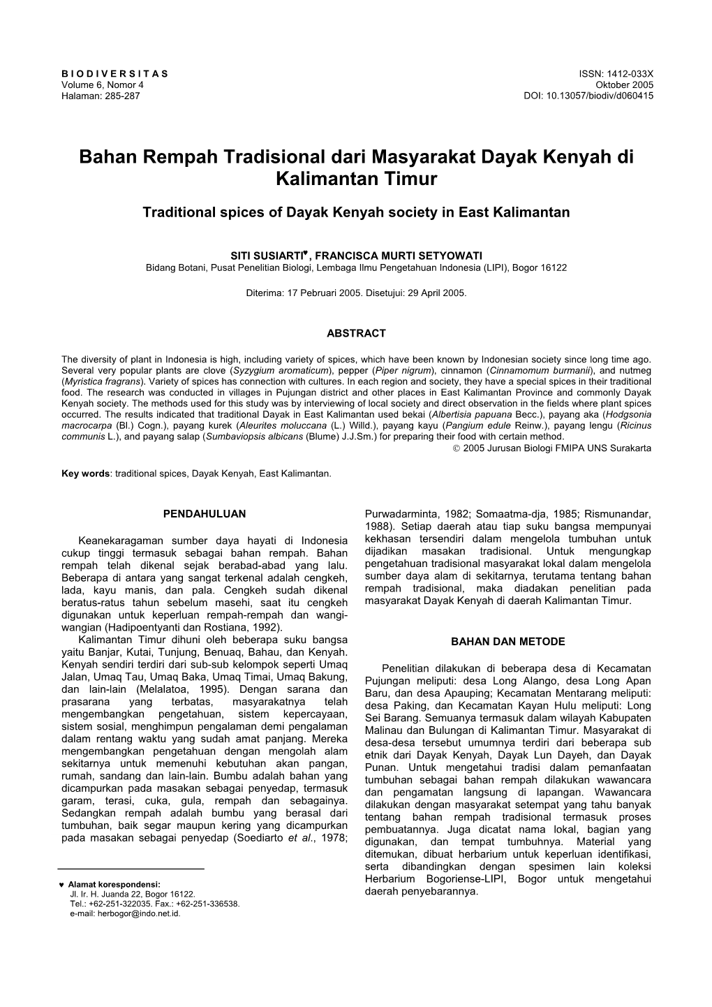 Bahan Rempah Tradisional Dari Masyarakat Dayak Kenyah Di Kalimantan Timur