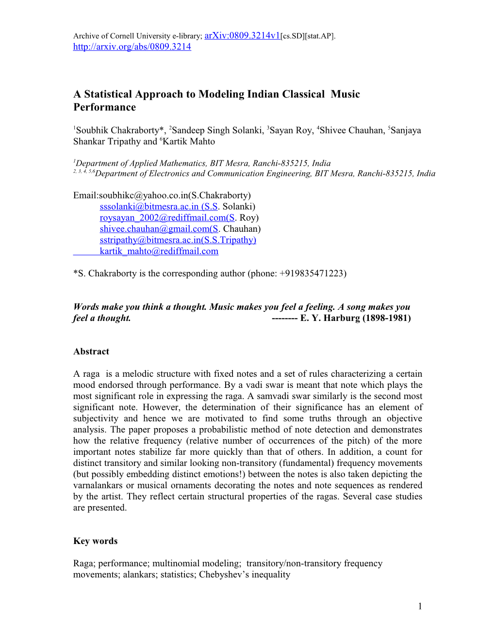 Modeling a Performance in Indian Classical Music: Multinomial