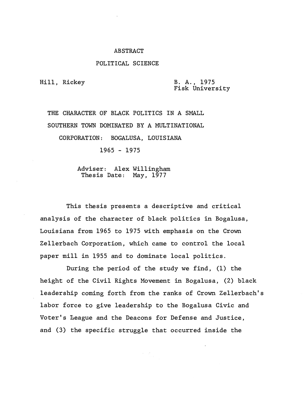 ABSTRACT POLITICAL SCIENCE Hill, Rickey B. A., 1975 Fisk