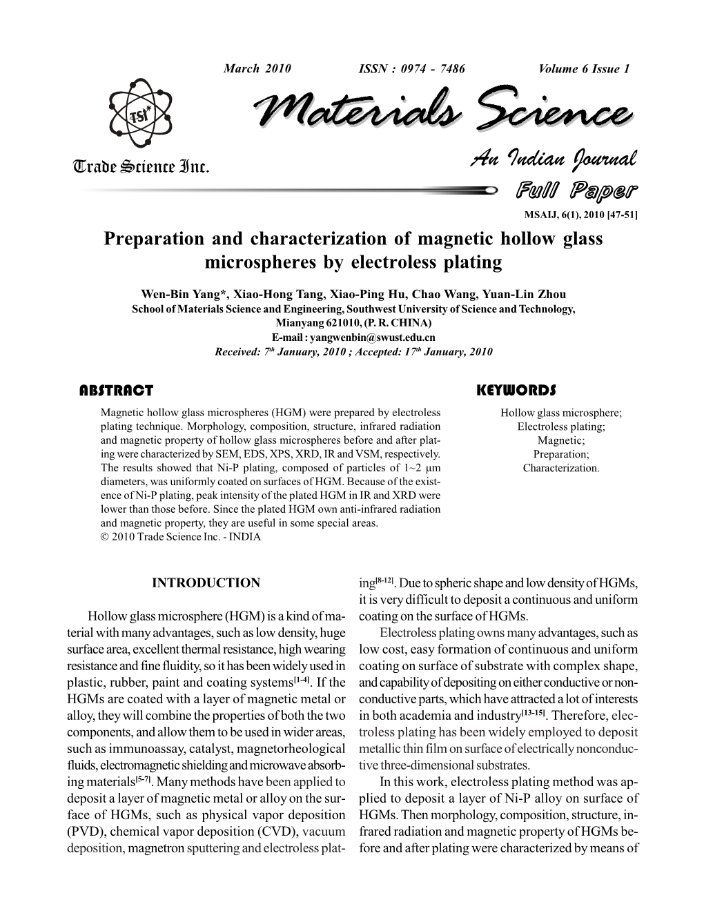 Preparation and Characterization of Magnetic Hollow Glass Microspheres by Electroless Plating