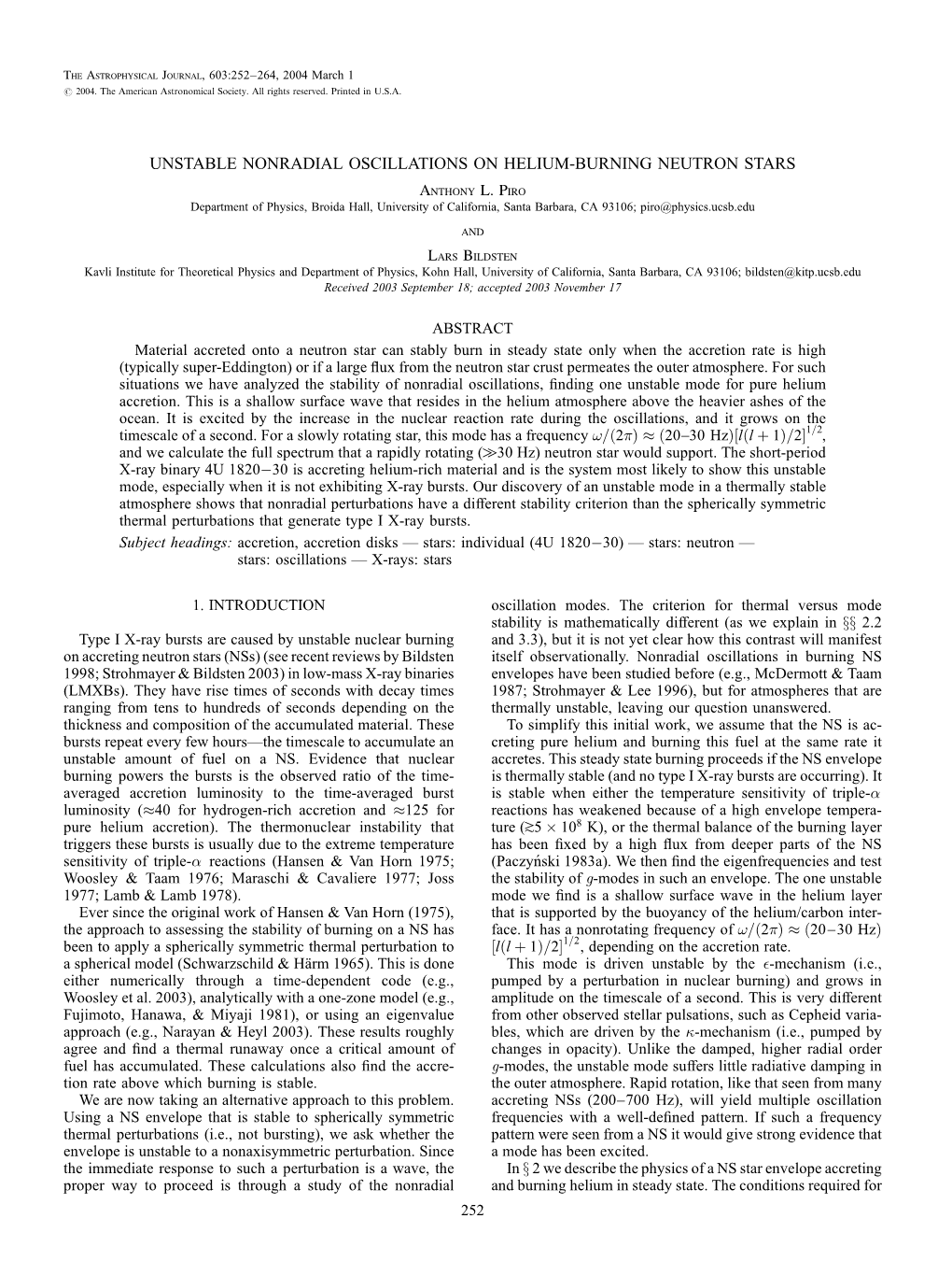 UNSTABLE NONRADIAL OSCILLATIONS on HELIUM-BURNING NEUTRON STARS Anthony L