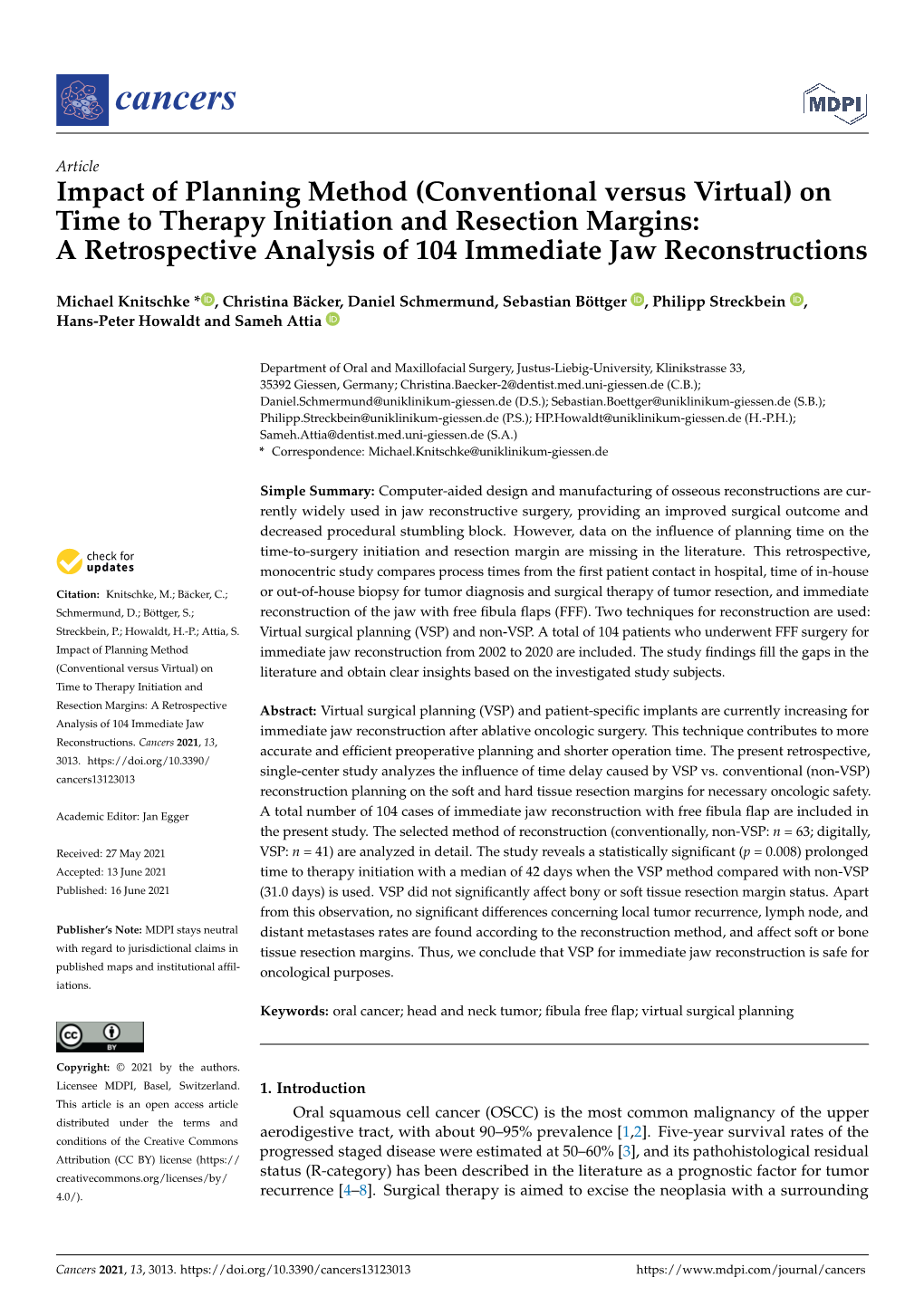 On Time to Therapy Initiation and Resection Margins: a Retrospective Analysis of 104 Immediate Jaw Reconstructions