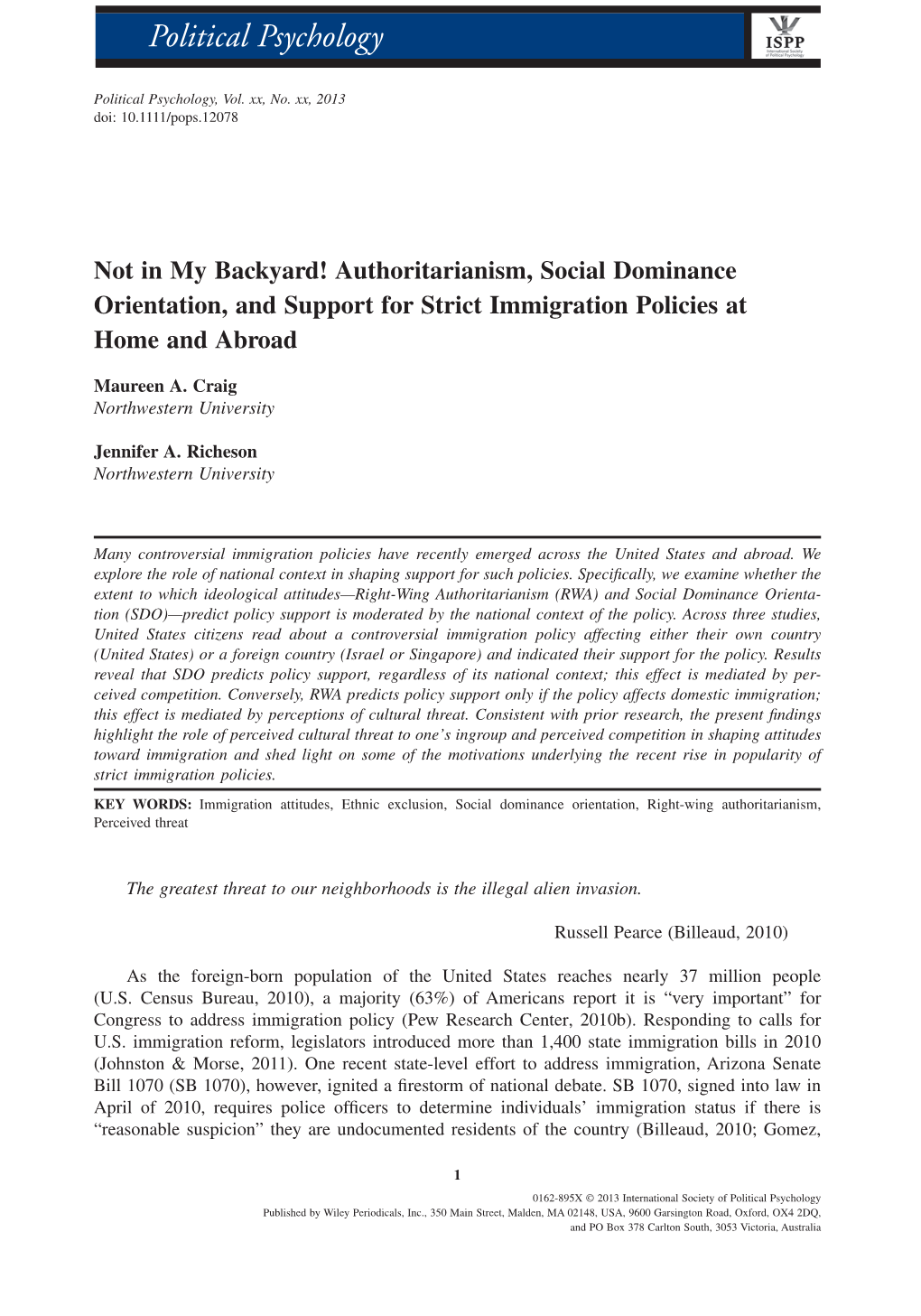 Authoritarianism, Social Dominance Orientation, and Support for Strict Immigration Policies at Home and Abroad