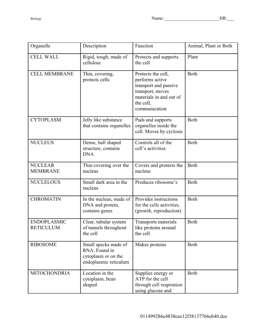 Cell Organelles Worksheet s1